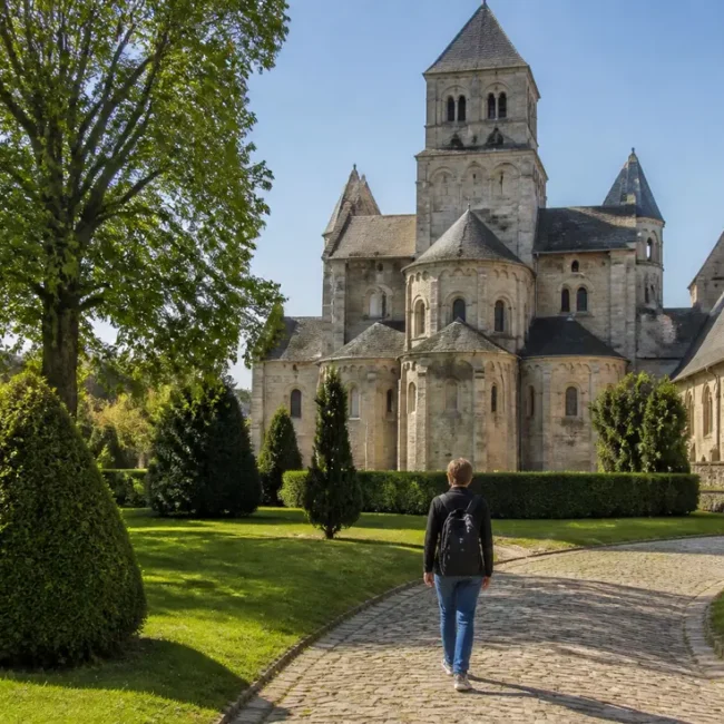 Promenade dans le parc verdoyant surplombant l abbaye aux dames de caen par une belle journée ensoleillée