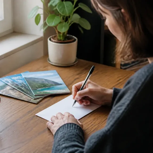 Une personne écrit une lettre sur un bureau en bois pour illustrer Alençon code postal dans un intérieur lumineux.