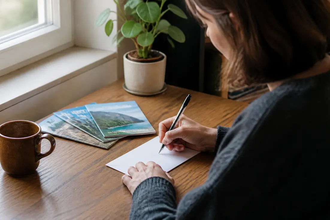 Une personne écrit une lettre sur un bureau en bois pour illustrer Alençon code postal dans un intérieur lumineux.