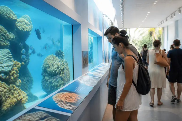 Famille préparant son parcours dans les allées des galeries de l'aquarium