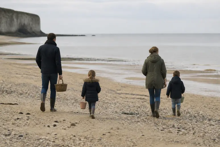 Famille ramassant des coquillages sur une plage paisible d'auberville normandie.