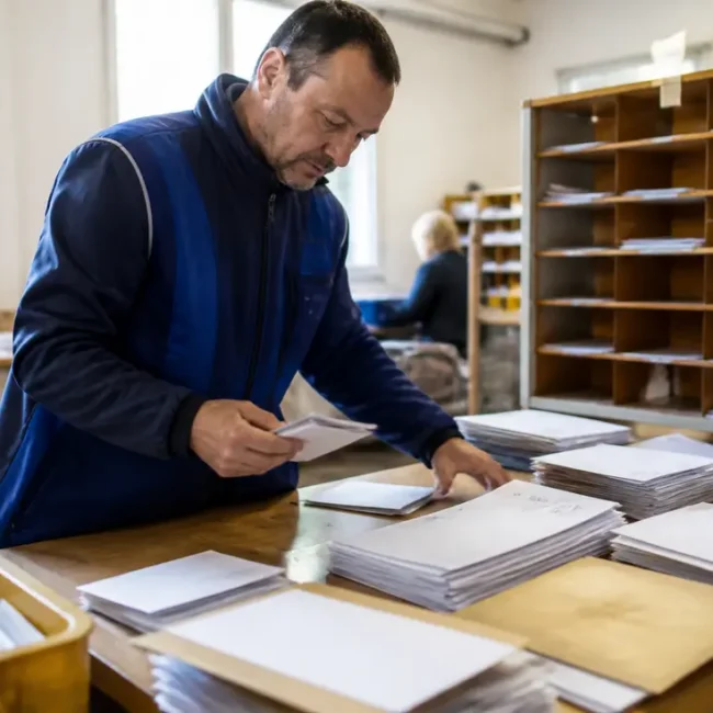 Un facteur classe le courrier dans un bureau lumineux en Normandie avec son Bayeux code postal.