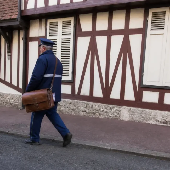 facteur en uniforme marchant dans une rue normande avec cabourg code postal