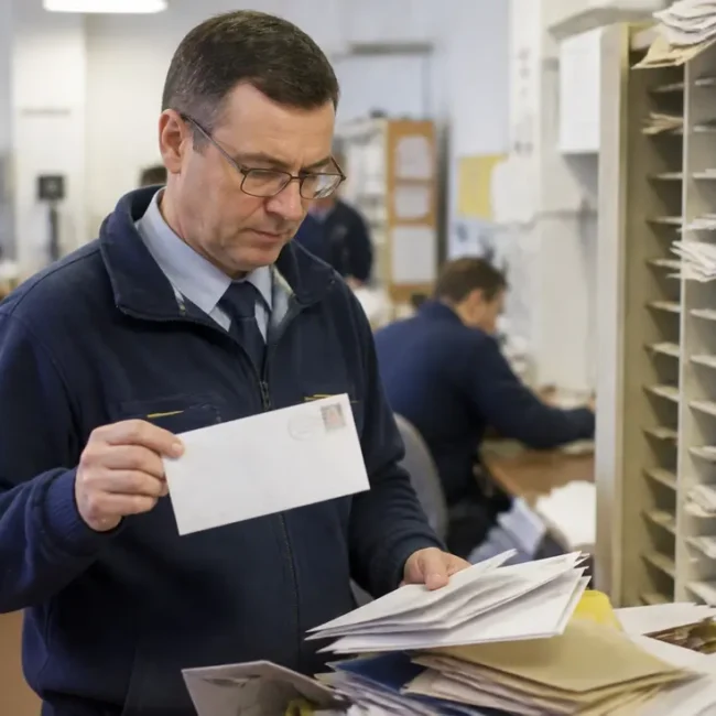 employé triant du courrier administratif avec le caen code postal sur une enveloppe