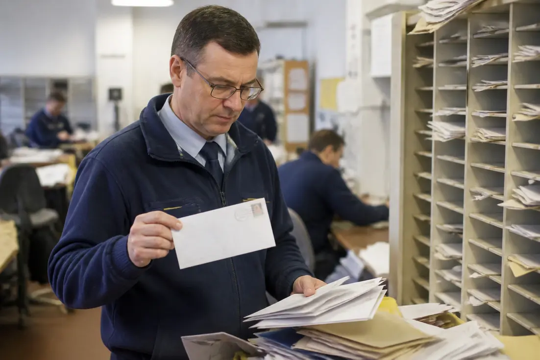 employé triant du courrier administratif avec le caen code postal sur une enveloppe