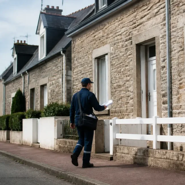 Facteur en tournée dans une rue résidentielle pour distribuer le Cherbourg code postal aux habitants