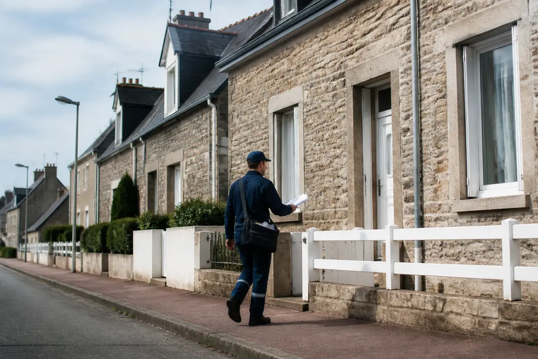 Facteur en tournée dans une rue résidentielle pour distribuer le Cherbourg code postal aux habitants