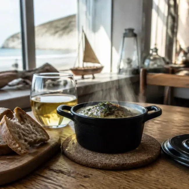 Plat chaud servi dans une cocotte en fonte dans un restaurant avec le Cocotte Café Trouville guide