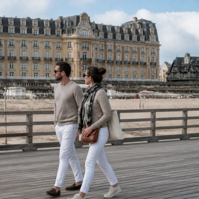 Couple se promenant sur les planches lors d'un week-end spa Trouville en Normandie