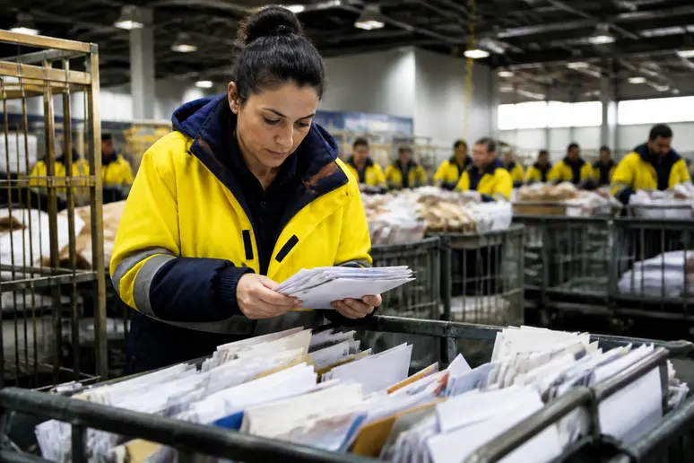 Facteur triant le courrier pour organiser la distribution postale dans les différents quartiers de la ville.