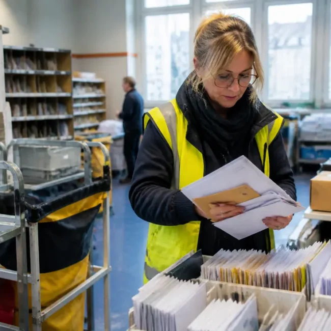Un facteur en gilet de haute visibilité trie le courrier avec Dieppe code postal dans un bureau de poste local.