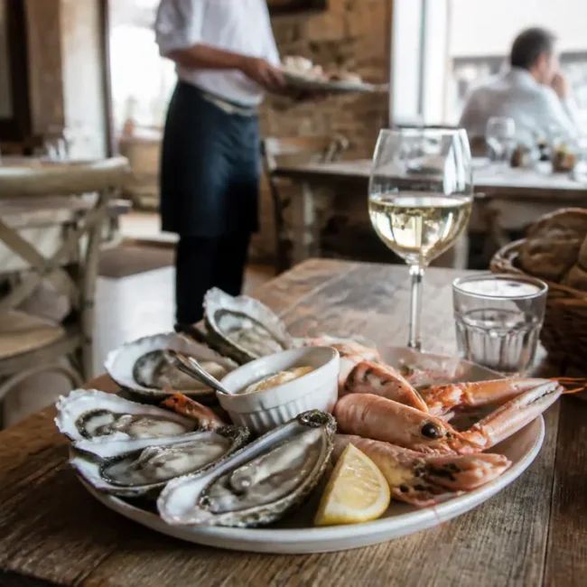 Un plateau de fruits de mer frais et un verre de vin blanc dans un dive sur mer restaurant en Normandie.