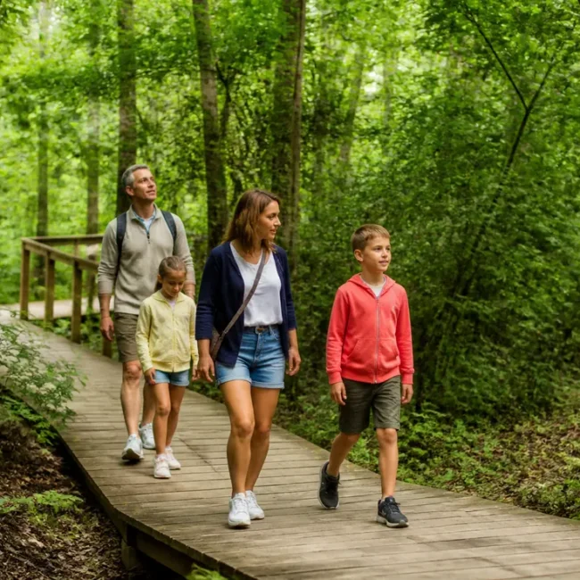 Famille marchant sur un sentier en bois dans une forêt verdoyante lors de leur visite à etretat aventure en Normandie