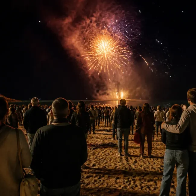 Foule de spectateurs sur la plage observant le feu d'artifice deauville lors de la fête nationale