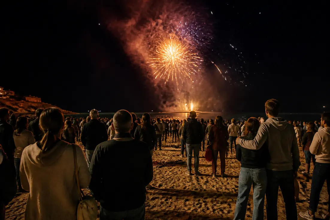Foule de spectateurs sur la plage observant le feu d'artifice deauville lors de la fête nationale