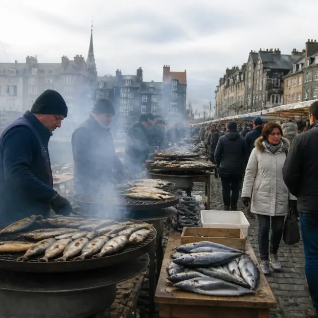 Amateurs de poissons dégustant des spécialités lors d'une foire aux hareng sur le port normand.