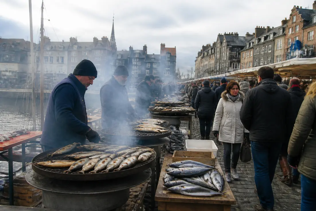 Amateurs de poissons dégustant des spécialités lors d'une foire aux hareng sur le port normand.