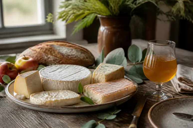 Dégustation d'un fromage de normandie accompagné de pain au levain et d'une bouteille de cidre brut