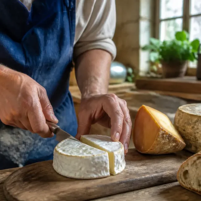Découpe artisanale d'un fromage de normandie sur une planche en bois rustique avec du pain