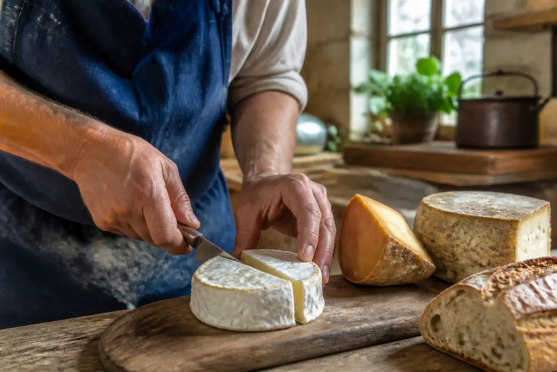 Découpe artisanale d'un fromage de normandie sur une planche en bois rustique avec du pain