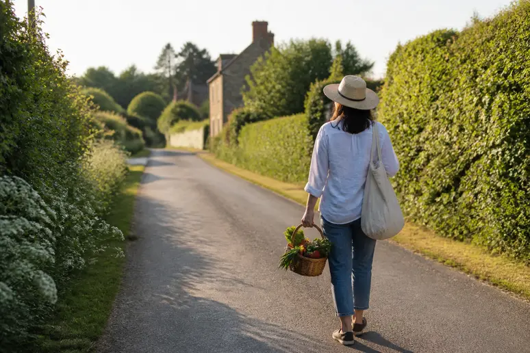 Femme adoptant la mobilité douce pour organiser sa visite Gonneville en Auge.