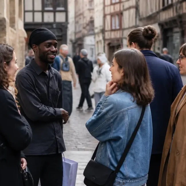Plusieurs personnes discutent sur un trottoir pavé près d'un habitant rouen dans une rue historique