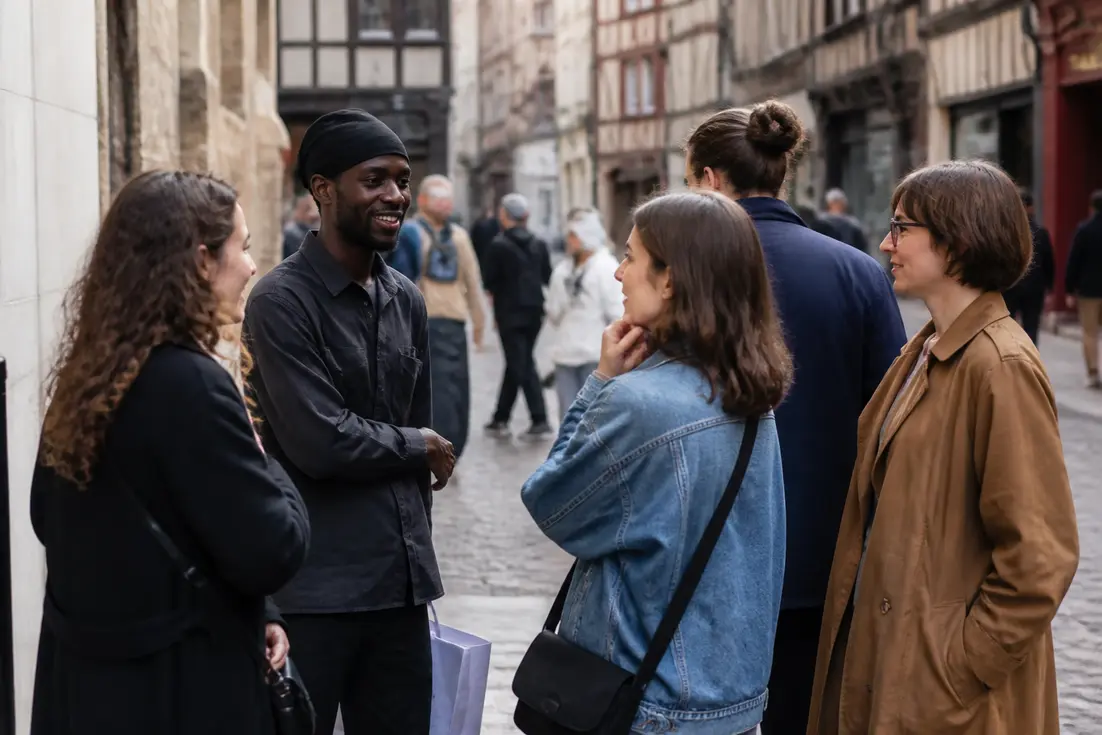 Plusieurs personnes discutent sur un trottoir pavé près d'un habitant rouen dans une rue historique