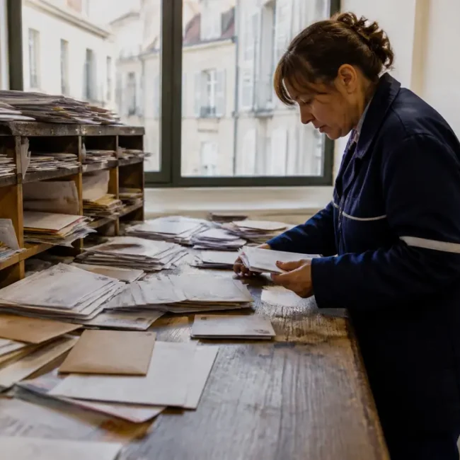 Employé postal triant le courrier sur une table en bois avec Honfleur code postal