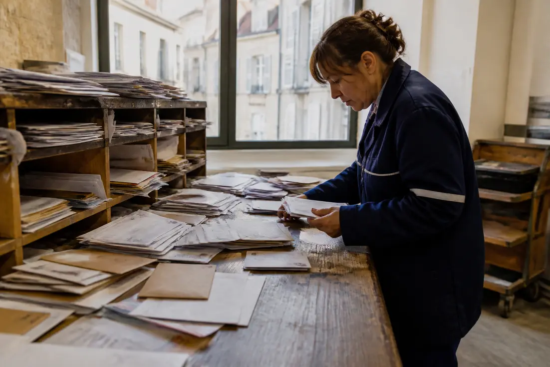Employé postal triant le courrier sur une table en bois avec Honfleur code postal