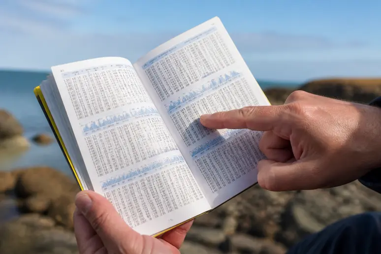 Feuillet d'un annuaire de marée avec les horaires et coefficients pour la consultation