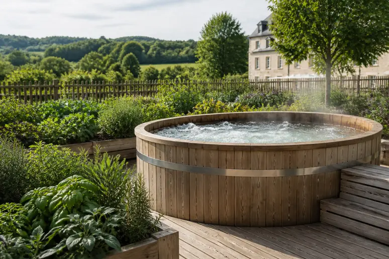 Bain bouillonnant en plein air installé au cœur du spa potager normand avec vue panoramique