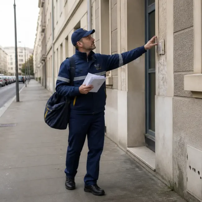 Facteur consultant les adresses et Le Havre code postal dans une rue résidentielle normande