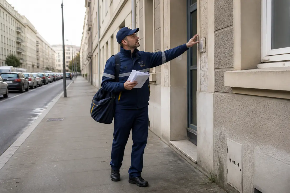 Facteur consultant les adresses et Le Havre code postal dans une rue résidentielle normande