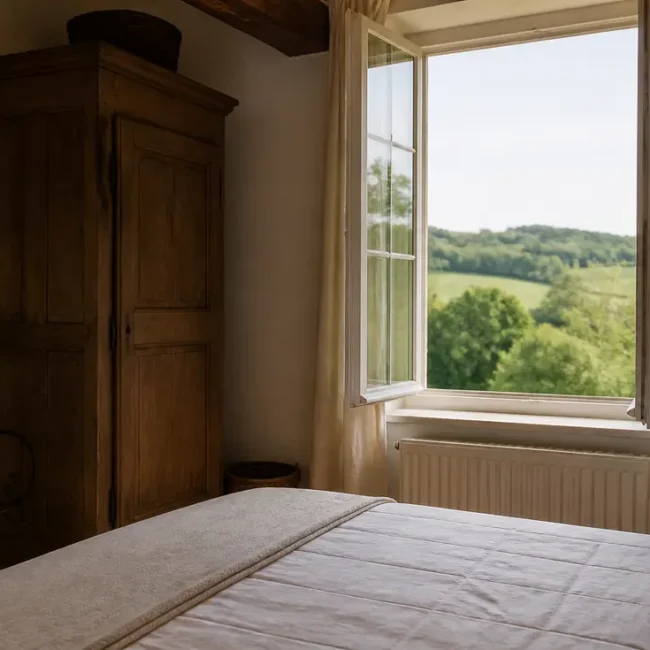 chambre lumineuse avec vue sur la campagne normande dans les jardins de coppélia