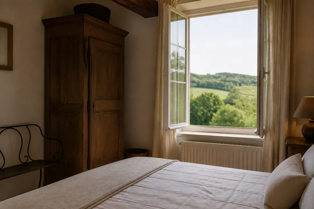 chambre lumineuse avec vue sur la campagne normande dans les jardins de coppélia