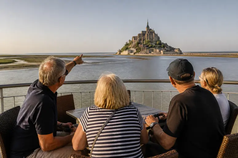 Vue panoramique sur la baie depuis Les Terrasses de la Baie avis, touristes appréciant le paysage normand.
