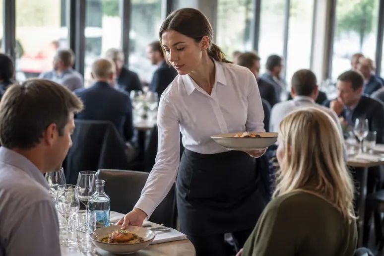Service et plats aux Terrasses de la Baie avis, restaurant bondé avec serveur attentif et clients.