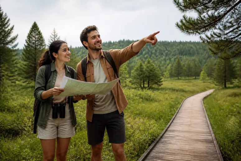 Couple consultant une carte avant de visiter Marais Vernier, paysage normand verdoyant.