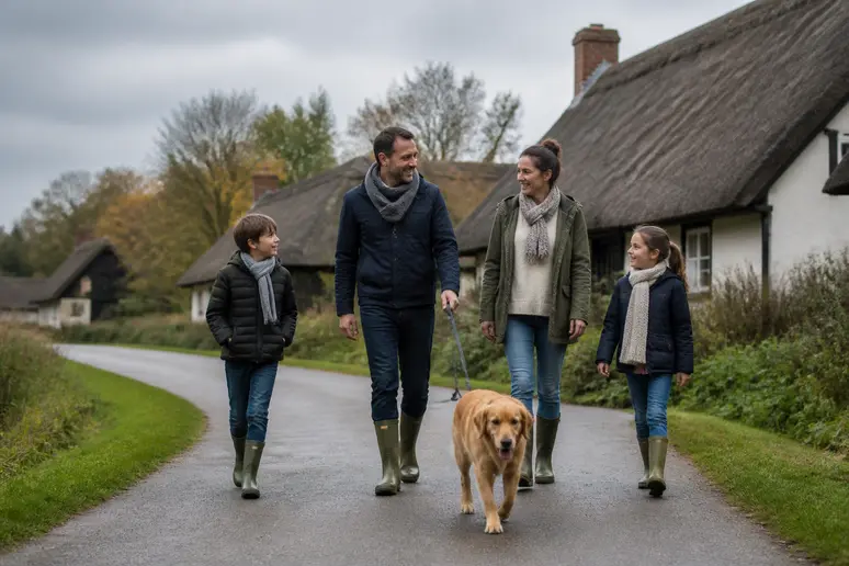 Famille en promenade avec chien en laisse, découvrant le patrimoine lors de leur visite du Marais Vernier.