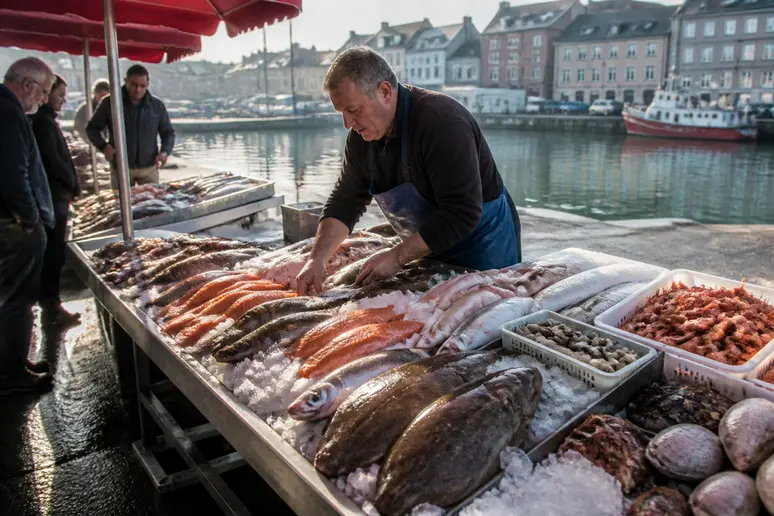 Vente de poissons frais sur un étal du marché aux poissons quai de l'Île