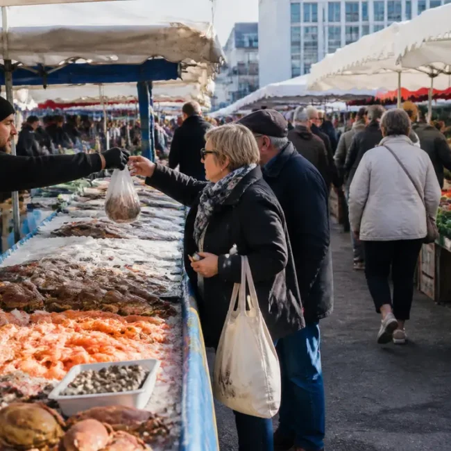Ambiance animée autour des étals colorés d'un marché de Le Havre lors d'une matinée ensoleillée