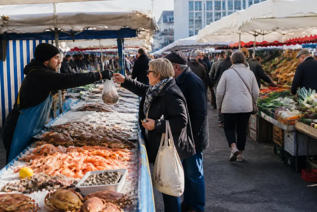 Ambiance animée autour des étals colorés d'un marché de Le Havre lors d'une matinée ensoleillée