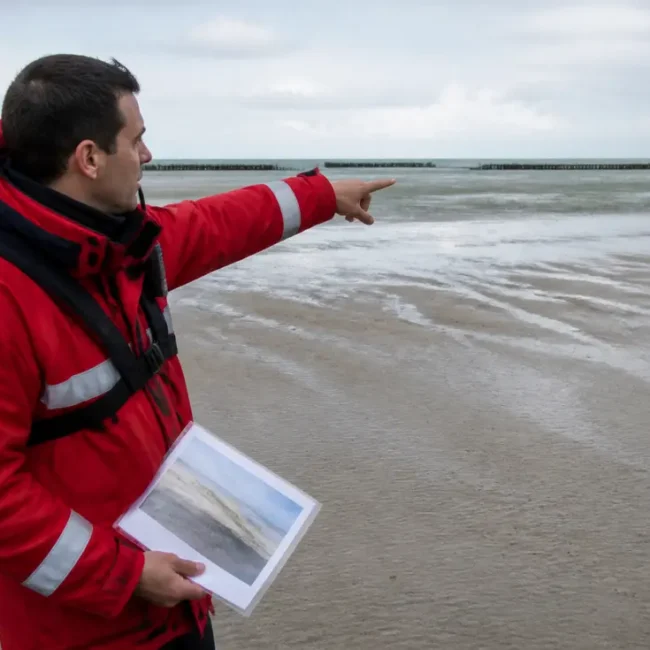 Un agent de sécurité côtière sur le sable humide explique la maree deauville à marée basse.