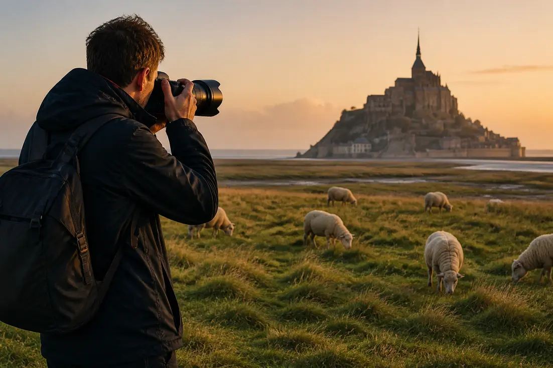 Un photographe capture un cliché du Mont-Saint-Michel depuis les herbus de la baie au coucher du soleil.