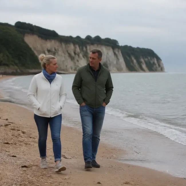 Promeneurs sur la plage de villerville le long des falaises normandes par temps couvert