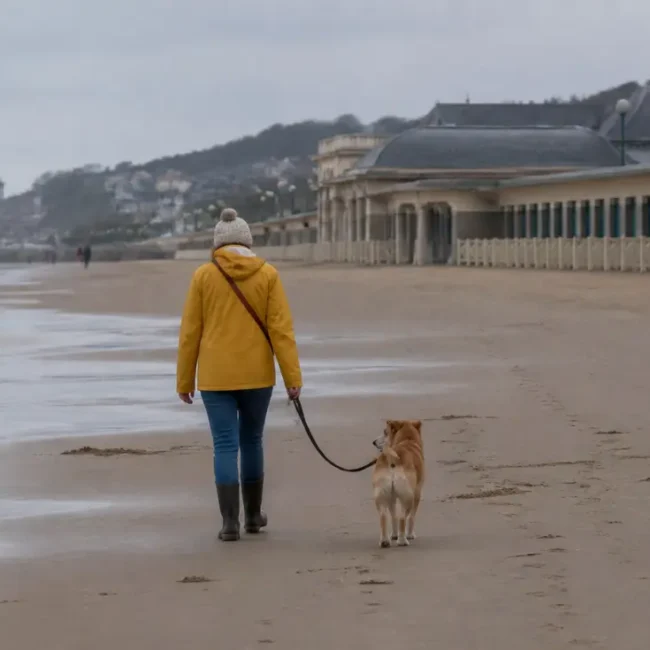 Un chien et son propriétaire se promènent sur la plage deauville chien lors d'une marée basse en Normandie.