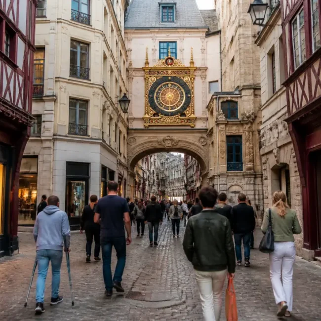 Des passants marchent dans la Rue du Gros Horloge Rouen bordée de boutiques et de maisons anciennes.