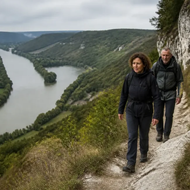 Deux randonneurs équipés marchent sur un sentier de falaise lors d'un circuit Amfreville-sous-les-Monts en Normandie.