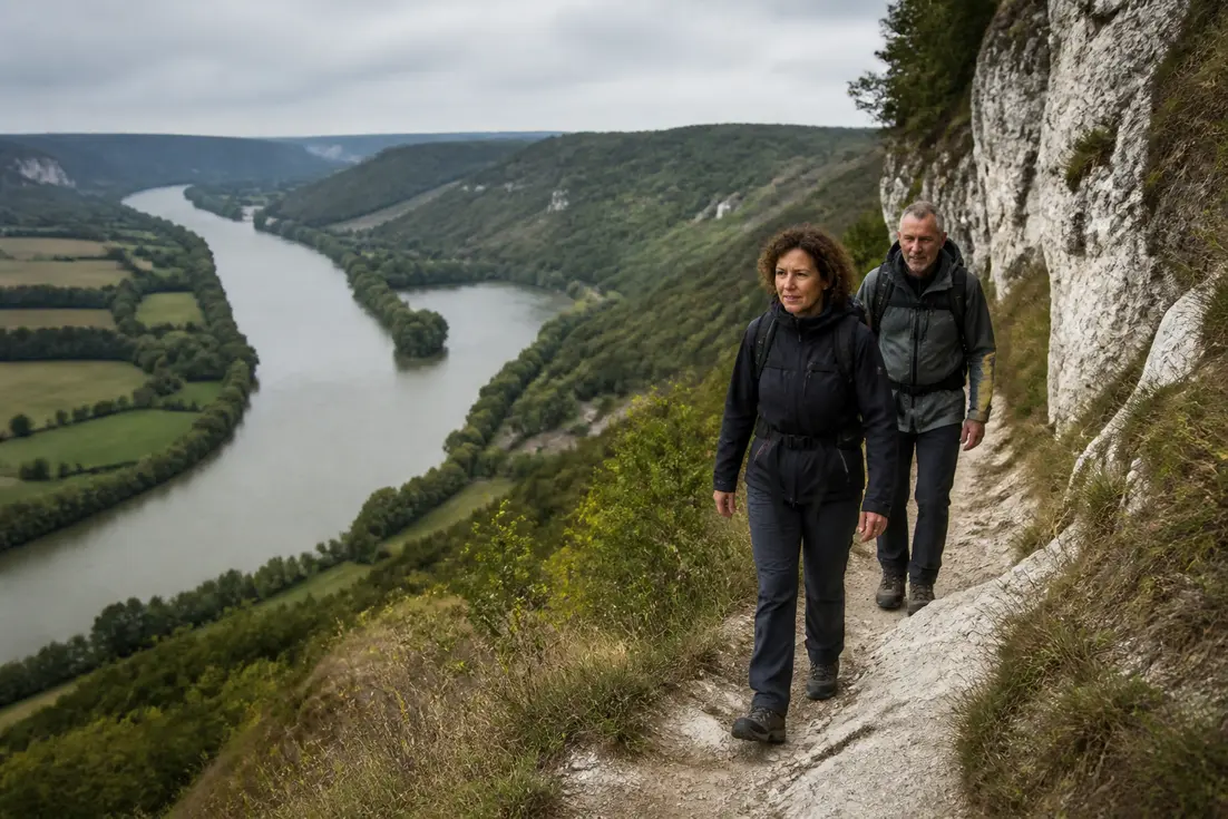 Deux randonneurs équipés marchent sur un sentier de falaise lors d'un circuit Amfreville-sous-les-Monts en Normandie.
