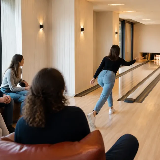Amis jouant au bowling deauville budget organisation un samedi après-midi dans une salle lumineuse en Normandie